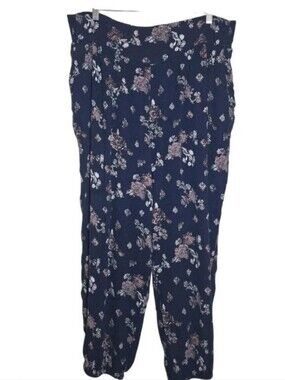 SO Women's XL Boho Floral Trim Wide Leg Yoga Pants Aladdin Closed Ankle Pockets